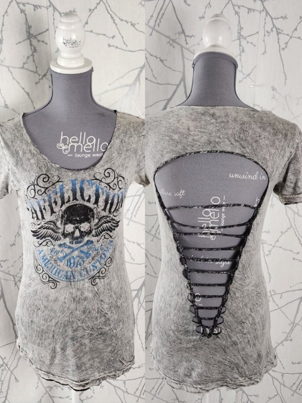 Affliction Gray Wash Cutout Back Graphic Tee